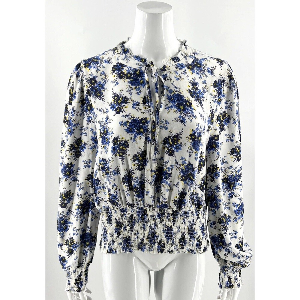 Cult of Design Top Sz L White Blue Yellow Floral Tie Neck Peasant Shirred Blouse